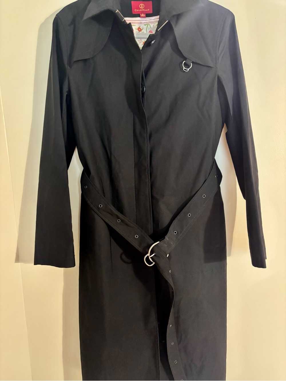 Cole Haan Classic Black Trench Coat with Zip Out Floral Lining & Belt - Sz 6